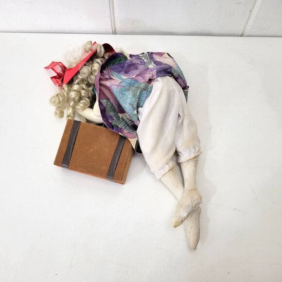 Handmade Fabric Artist Doll With Curly Hair & Red Hat Holding Suitcase - Picture 6 of 8